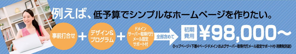 例えば、低予算でシンプルなホームページを作りたい！（事前打ち合わせ＆デザイン）＋（カラー印刷）＋（仕上げ加工）全部含めて￥98，000