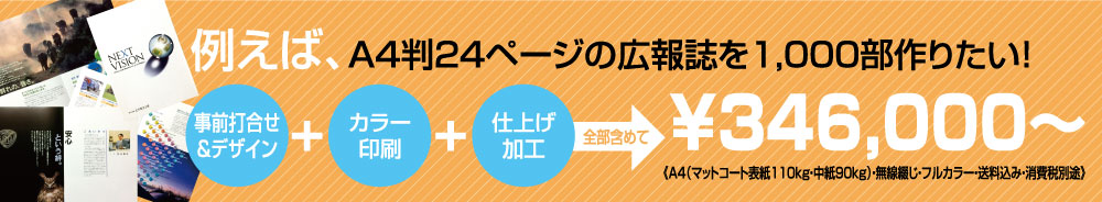 例えば、A4判24ページの広報誌を1,000部作りたい！（事前打ち合わせ＆デザイン）＋（カラー印刷）＋（仕上げ加工）全部含めて￥498，800