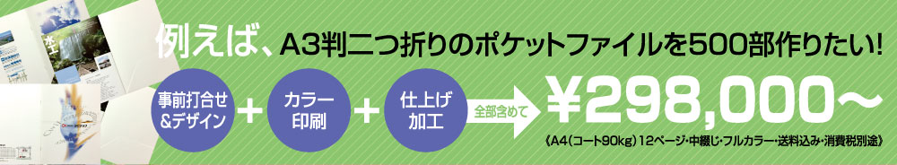 例えば、A3判二つ折りのポケットファイルを500部作りたい！（事前打ち合わせ＆デザイン）＋（カラー印刷）＋（仕上げ加工）全部含めて￥298，000